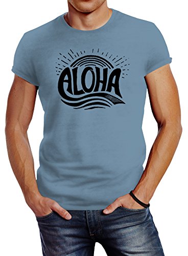 Neverless Herren T-Shirt Aloha Wellen Surfing Sommer Slim Fit Stone Blue L von Neverless