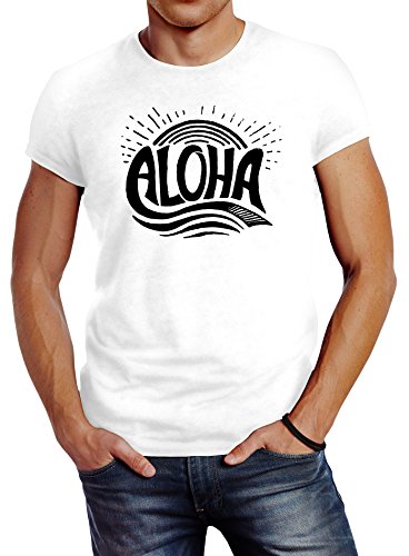 Neverless Herren T-Shirt Aloha Wellen Surfing Sommer Slim Fit weiß XL von Neverless