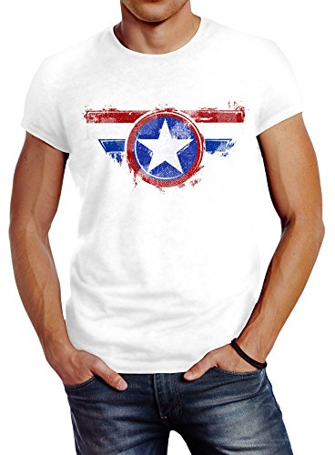 Neverless Herren T-Shirt Amerika Flagge Stern Roger Captain Slim Fit weiß L von Neverless