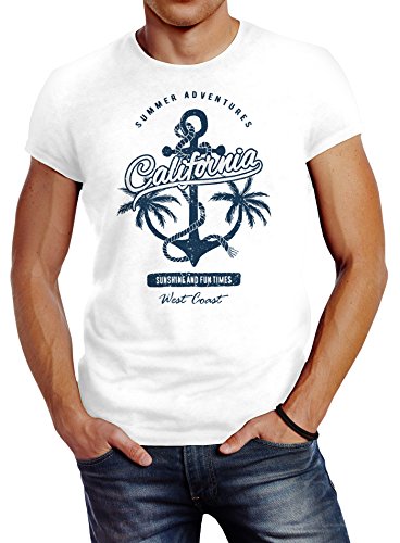 Neverless Herren T-Shirt Anker Palmen Anchor Palms Baumwolle Slim Fit weiß 3XL von Neverless