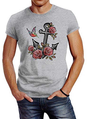 Neverless Herren T-Shirt Anker Rosen Patch Tropical Anchor Stick-Optik Slim Fit grau M von Neverless