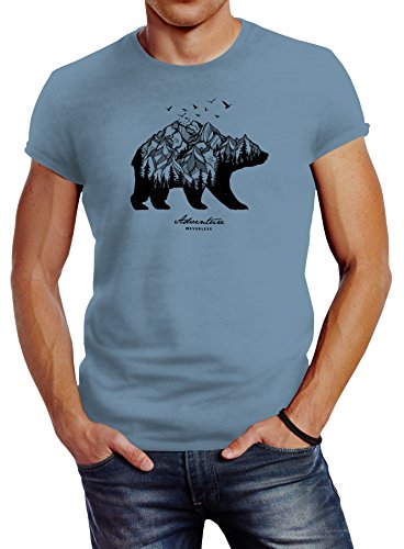 Neverless Herren T-Shirt Bär Abenteuer Berge Wald Bear Mountains Adventure Slim Fit Stone Blue L von Neverless