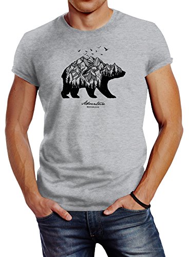 Neverless Herren T-Shirt Bär Abenteuer Berge Wald Bear Mountains Adventure Slim Fit grau 4XL von Neverless