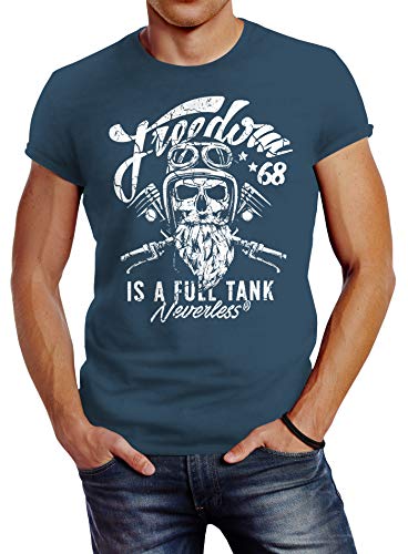 Neverless Herren T-Shirt Biker Motorrad Motiv Freedom is a Full Tank Skull Totenkopf Slim Fit Denim Blue XL von Neverless