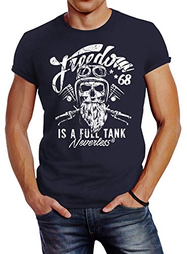 Neverless Herren T-Shirt Biker Motorrad Motiv Freedom is a Full Tank Skull Totenkopf Slim Fit Navy 5XL von Neverless