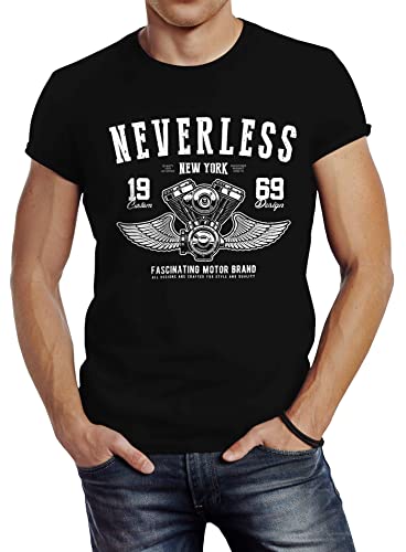 Neverless Herren T-Shirt Biker Motorrad Motorblock Engine Flügel Wings Slim Fit schwarz L von Neverless