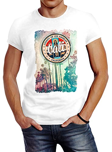 Neverless Herren T-Shirt California Beach Sunset Palmen Los Angeles Retro Slim Fit weiß 3XL von Neverless