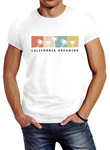 Neverless Herren T-Shirt California Dreaming Summer Party Palmen Palms Retro Slim Fit weiß XL von Neverless
