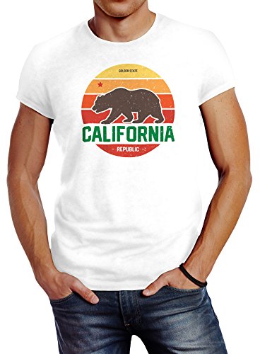 Neverless Herren T-Shirt California Retro Kalifornien Bär Summer Slim Fit Baumwolle weiß XXL von Neverless