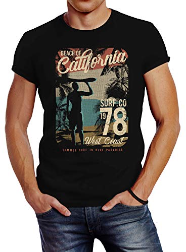 Neverless Herren T-Shirt California Surfing Slim Fit schwarz XL von Neverless