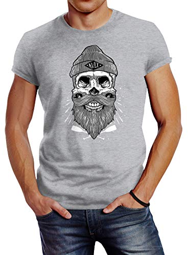 Neverless Herren T-Shirt Captain Skull Beard Totenkopf Bart Kapitän Slim Fit grau 3XL von Neverless