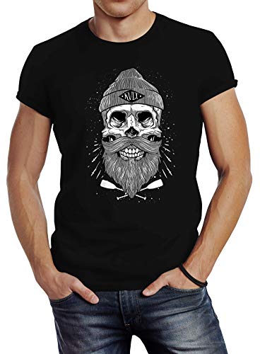 Neverless Herren T-Shirt Captain Skull Beard Totenkopf Bart Kapitän Slim Fit schwarz L von Neverless