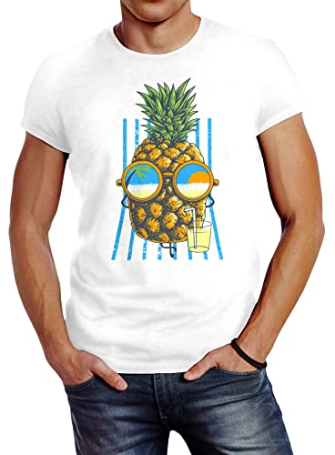 Neverless Herren T-Shirt Chilling Ananas Pinapple Sommer Beach Cocktail Slim Fit weiß XS von Neverless