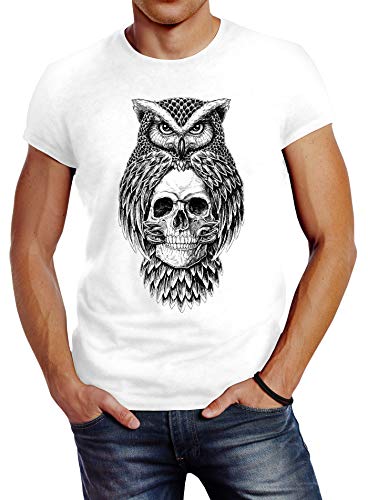 Neverless Herren T-Shirt Eule Totenkopf Owl Skull Schädel Slim Fit weiß XS von Neverless