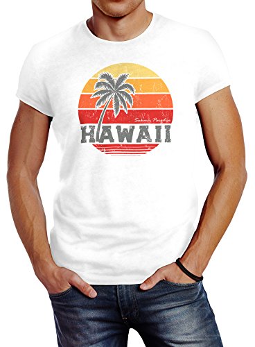Neverless Herren T-Shirt Hawaii Palme Tropical Summer Retro Slim Fit Baumwolle weiß L von Neverless
