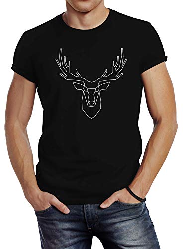 Neverless Herren T-Shirt Hirsch Polygon Geweih Geometrisch Formen Slim Fit schwarz 3XL von Neverless