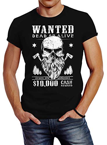 Neverless Herren T-Shirt Holzfäller Wanted Bart Totenkopf Lumberjack schwarz XL von Neverless