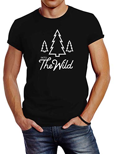 Neverless Herren T-Shirt Into The Wild Abenteuer Adventure Wilderness wandern Slim Fit schwarz 4XL von Neverless