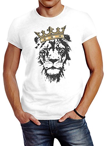 Neverless Herren T-Shirt König der Tiere Löwen-Kopf mit Krone Slim Fit weiß 3XL von Neverless