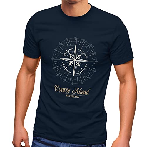 Neverless Herren T-Shirt Kompass Windrose Navigator Segeln Slim Fit Navy L von Neverless