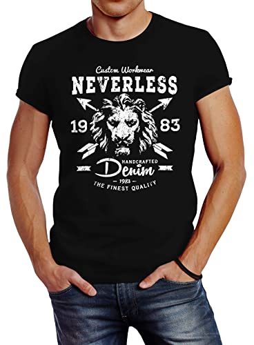Neverless Herren T-Shirt Lion Löwe Vintage Druck Motiv Slim Fit schwarz 3XL von Neverless