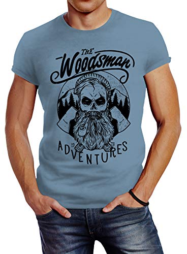 Neverless Herren T-Shirt Lumberjack Woodsman Hipster Bart Beard Skull Totenkopf Slim Fit Stone Blue XL von Neverless