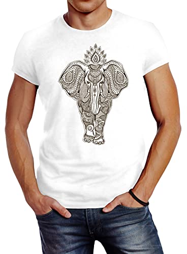 Neverless Herren T-Shirt Mandala Elefant Elephant Boho Ethno Slim Fit weiß L von Neverless