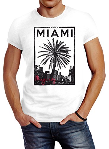 Neverless Herren T-Shirt Miami Beach Palmen Skyline Slim Fit weiß M von Neverless