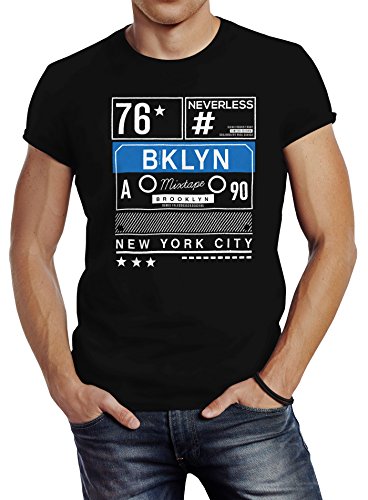 Neverless Herren T-Shirt Mixtape Kassette Brooklyn New York City Remix Slim Fit schwarz M von Neverless