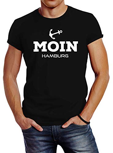 Neverless Herren T-Shirt Moin Hamburg Anker Slim Fit schwarz L von Neverless