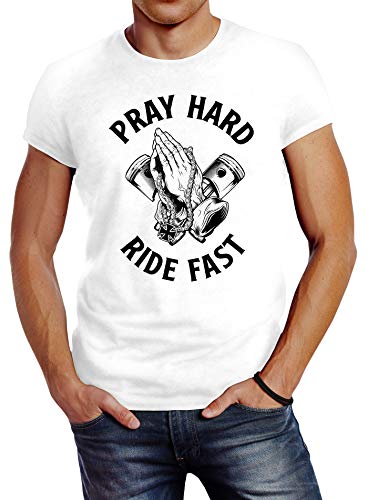 Neverless Herren T-Shirt Motorrad Bike is My Religion Pray Hard Ride Fast Betende Hände V2 Motor weiß 3XL von Neverless