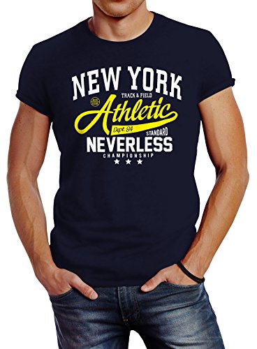 Neverless Herren T-Shirt New York Athletic Slim Fit Navy-gelb 4XL von Neverless