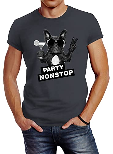 Neverless Herren T-Shirt Party Nonstop Mops French Bulldog Slim Fit dunkelgrau 5XL von Neverless
