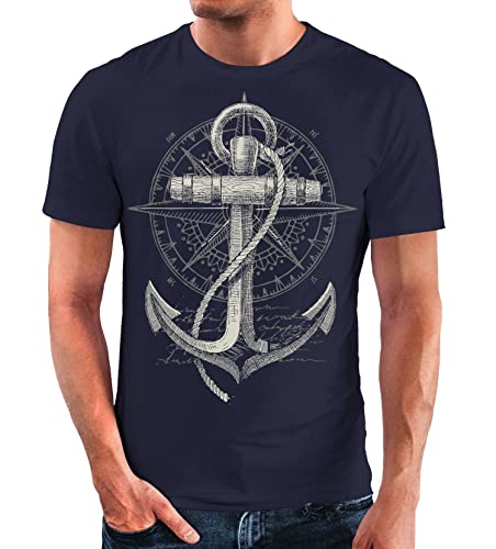 Neverless Herren T-Shirt Print Aufdruck Anker Kompass Motiv Maritim Meer Fashion Streetstyle Navy 5XL von Neverless