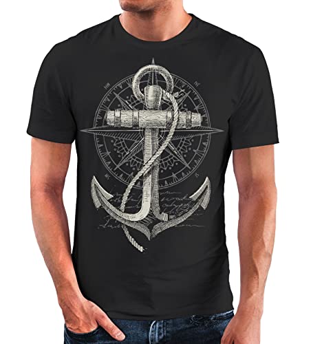 Neverless Herren T-Shirt Print Aufdruck Anker Kompass Motiv Maritim Meer Fashion Streetstyle schwarz S von Neverless