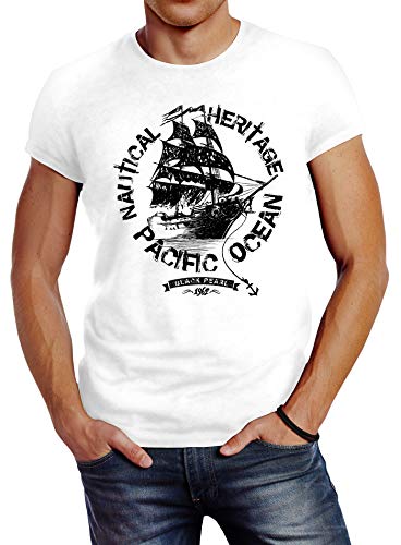 Neverless Herren T-Shirt Segelschiff Piratenschiff Slim Fit weiß M von Neverless