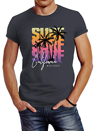 Neverless Herren T-Shirt Sommer Surf California Palmen Slim Fit dunkelgrau-gelb L von Neverless