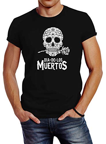 Neverless Herren T-Shirt Sugar Skull Dia De Los Muertos Totenkopf mit Blumen Slim Fit schwarz 4XL von Neverless