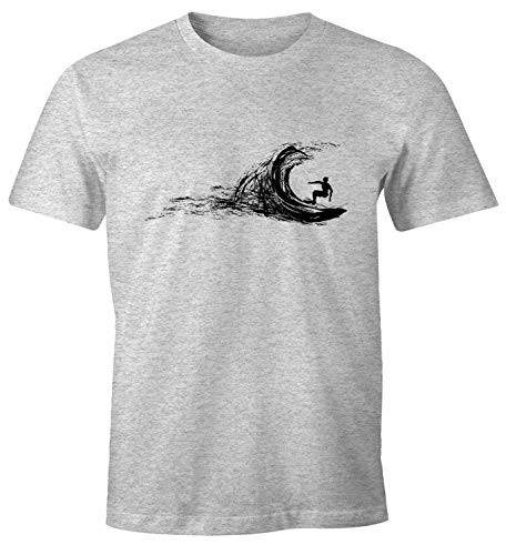 Neverless Herren T-Shirt Surfer Surfing surfen Surfboard Wave Welle Wellenreiten Urlaub Meer Ozean Surfer Boy Silhouette Slim Fit grau-meliert XS von Neverless