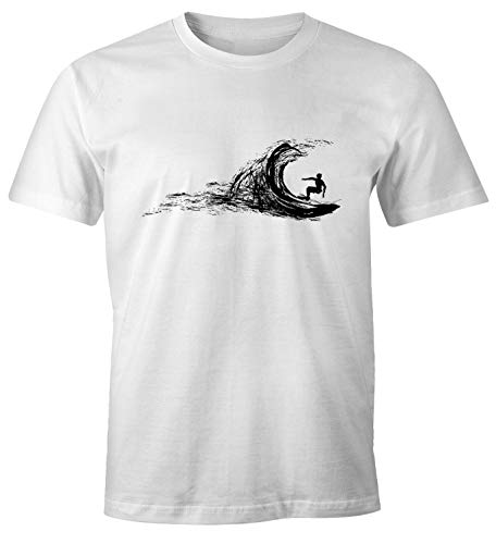 Neverless Herren T-Shirt Surfer Surfing surfen Surfboard Wave Welle Wellenreiten Urlaub Meer Ozean Surfer Boy Silhouette Slim Fit weiß L von Neverless