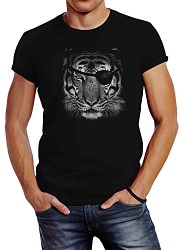 Neverless Herren T-Shirt Tiger Eye Patch Tigerkopf Slim Fit schwarz XXL von Neverless