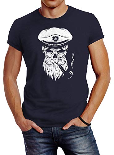 Neverless Herren T-Shirt Totenkopf Kapitän Captain Skull Bard Hipster Original Spirit Seemann Slim Fit Navy 5XL von Neverless