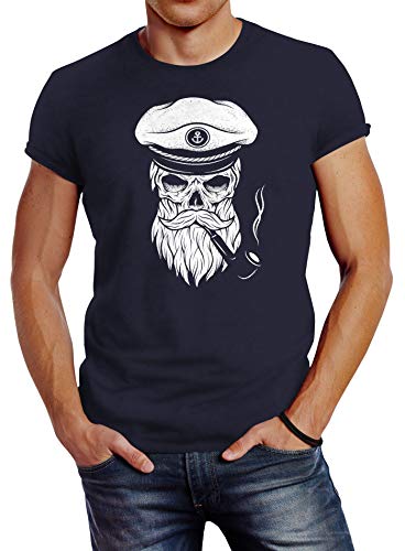 Neverless Herren T-Shirt Totenkopf Kapitän Captain Skull Bard Hipster Original Spirit Seemann Slim Fit Navy XXL von Neverless
