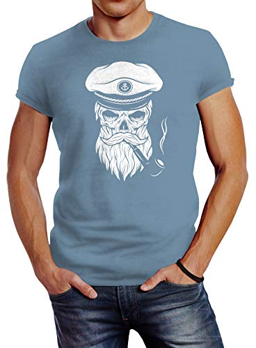 Neverless Herren T-Shirt Totenkopf Kapitän Captain Skull Bard Hipster Original Spirit Seemann Slim Fit Stone Blue L von Neverless