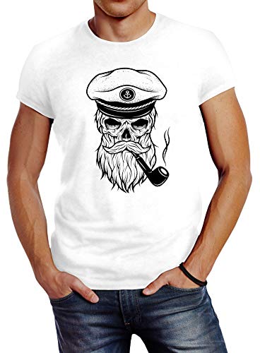 Neverless Herren T-Shirt Totenkopf Kapitän Captain Skull Bard Hipster Original Spirit Seemann Slim Fit weiß 3XL von Neverless