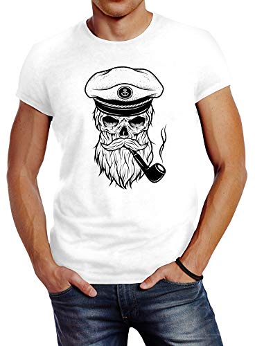 Neverless Herren T-Shirt Totenkopf Kapitän Captain Skull Bard Hipster Original Spirit Seemann Slim Fit weiß XL von Neverless