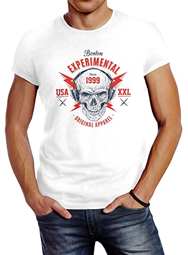 Neverless Herren T-Shirt Totenkopf Kopfhörer Skull Techno Experimental Music Slim Fit weiß M von Neverless