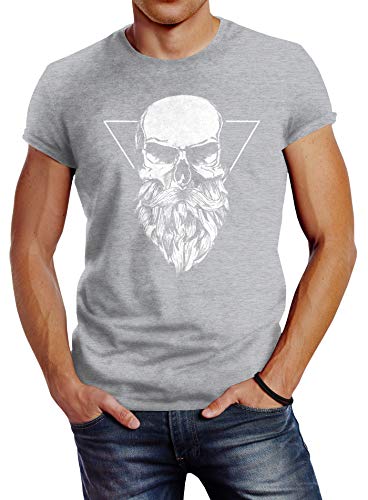 Neverless Herren T-Shirt Totenkopf mit Bart Triangle Slim Fit grau L von Neverless