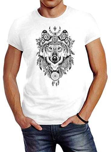 Neverless Herren T-Shirt Wolf Traumfänger Atzekenmuster Boho Bohamian Atzec Ethno weiß XS von Neverless