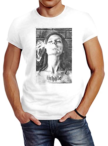 Neverless Herren T-Shirt mit Frauen Print Inhale Weed Rauchen Slim Fit weiß M von Neverless